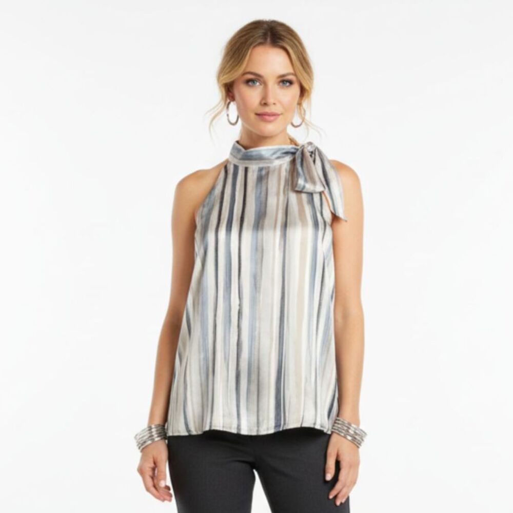 Ecru 100% Silk Striped Sleeveless Tie Neck Blouse Top NEW L‎